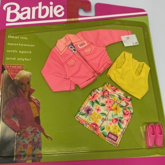 1992 Barbie Bongo Fashion Pink Jacket Yellow Top Floral Skirt Shoes NEW on board - Picture 3 of 7